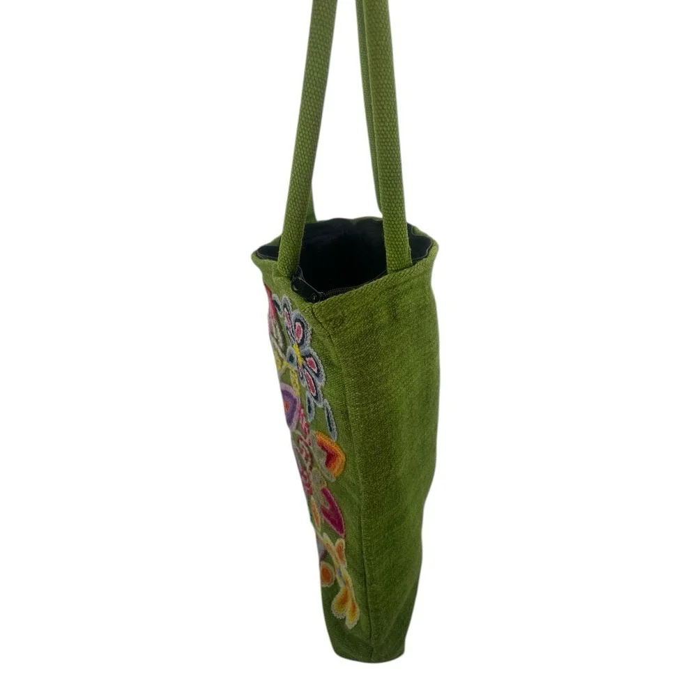 handmade Peruvian floral embroidered woven wool tote lime greenb 13x14 - Picture 5 of 12